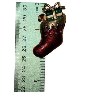 Festive vintage MCM red enamel Christmas gift candy cane Stocking Brooch pin